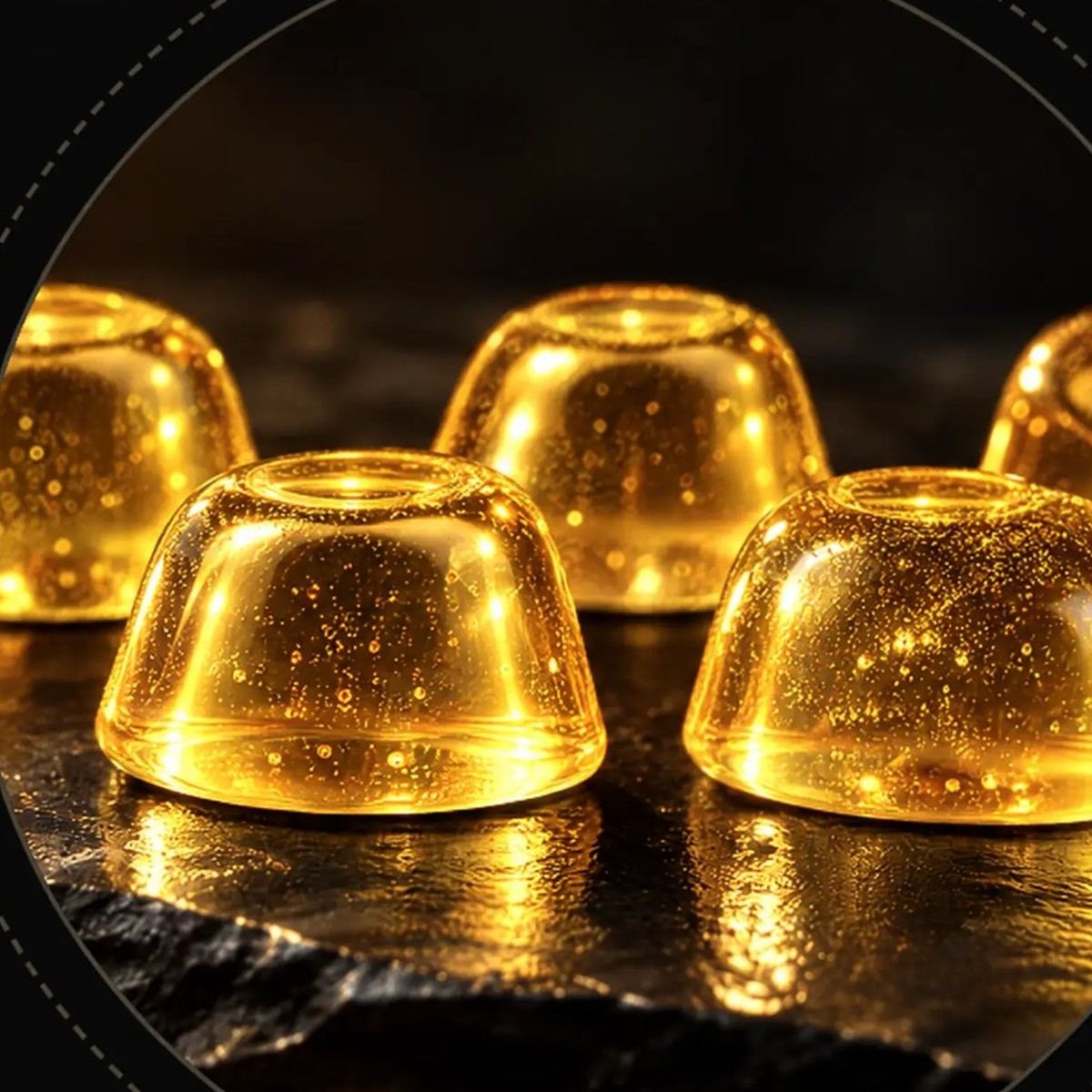 Golden gummies with honey shimmer on dark slate