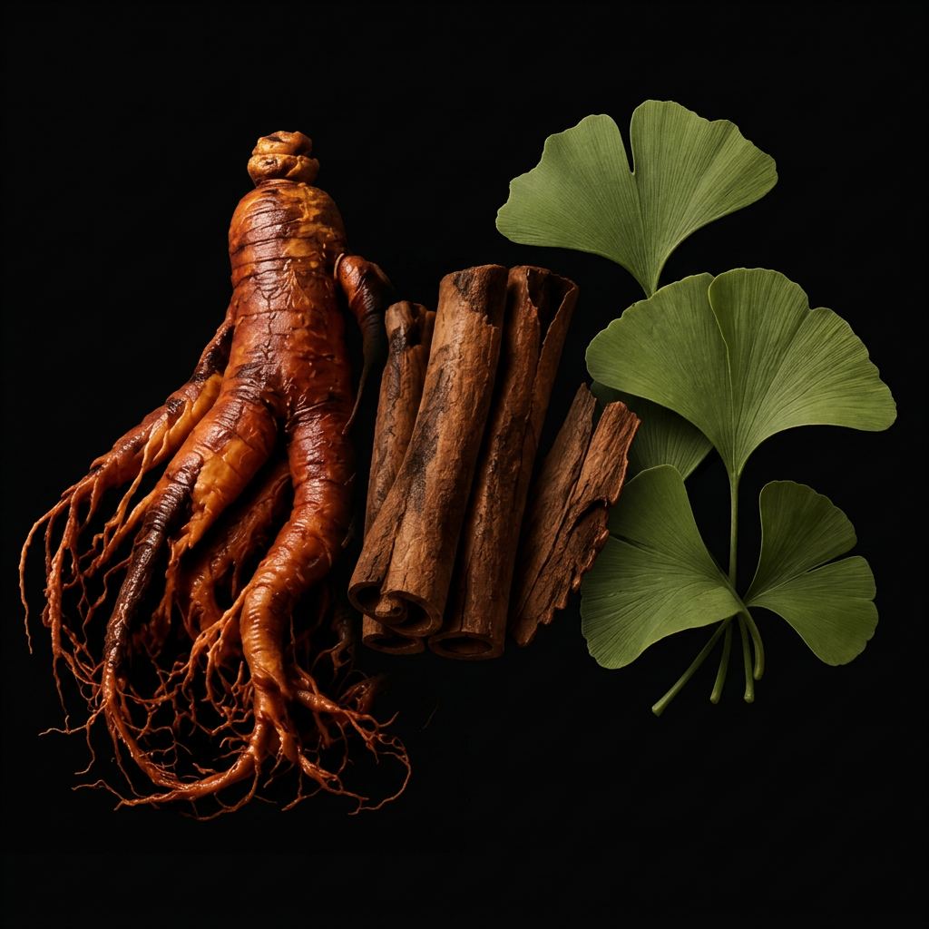 Ginseng, cinnamon and ginkgo botanical detail